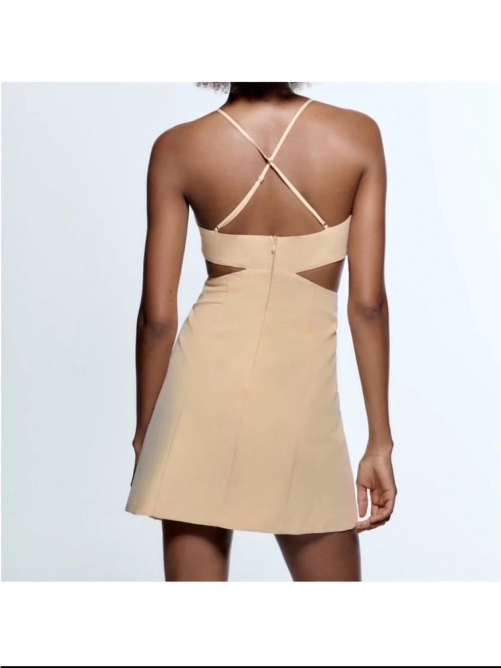 Zara Cutout Ruched Linen Mini Dress Tan Peach